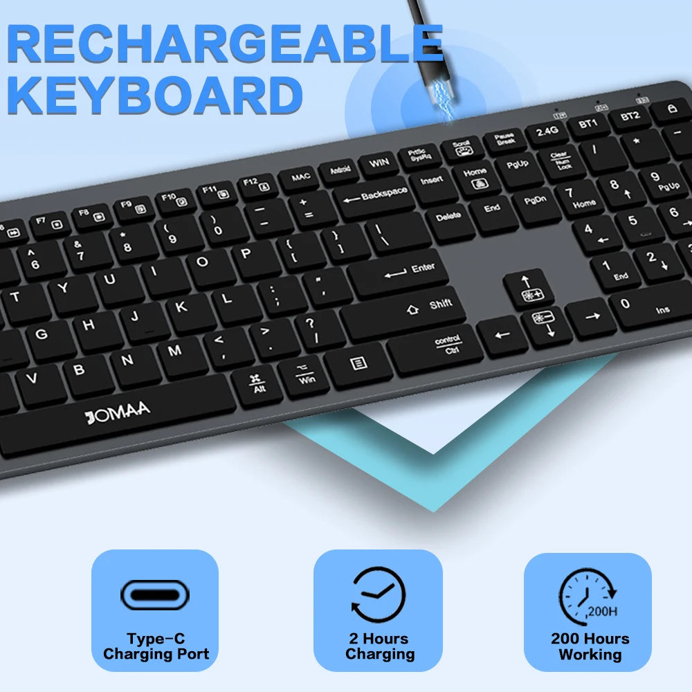 JOMAA Full Size Backlight Wireless Keyboard,2.4G & Dual Bluetooth,Ultra-Thin,Rechargeable Silent Keyboard for PC,Computer Laptop