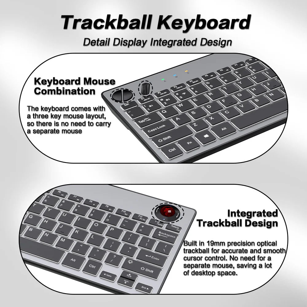 JOMAA Backlit Tri-Mode Wired Keyboard with Trackball  Air Mouse 1600dpi Bluetooth Trackball keyboard for TV iPad Phone Laptop