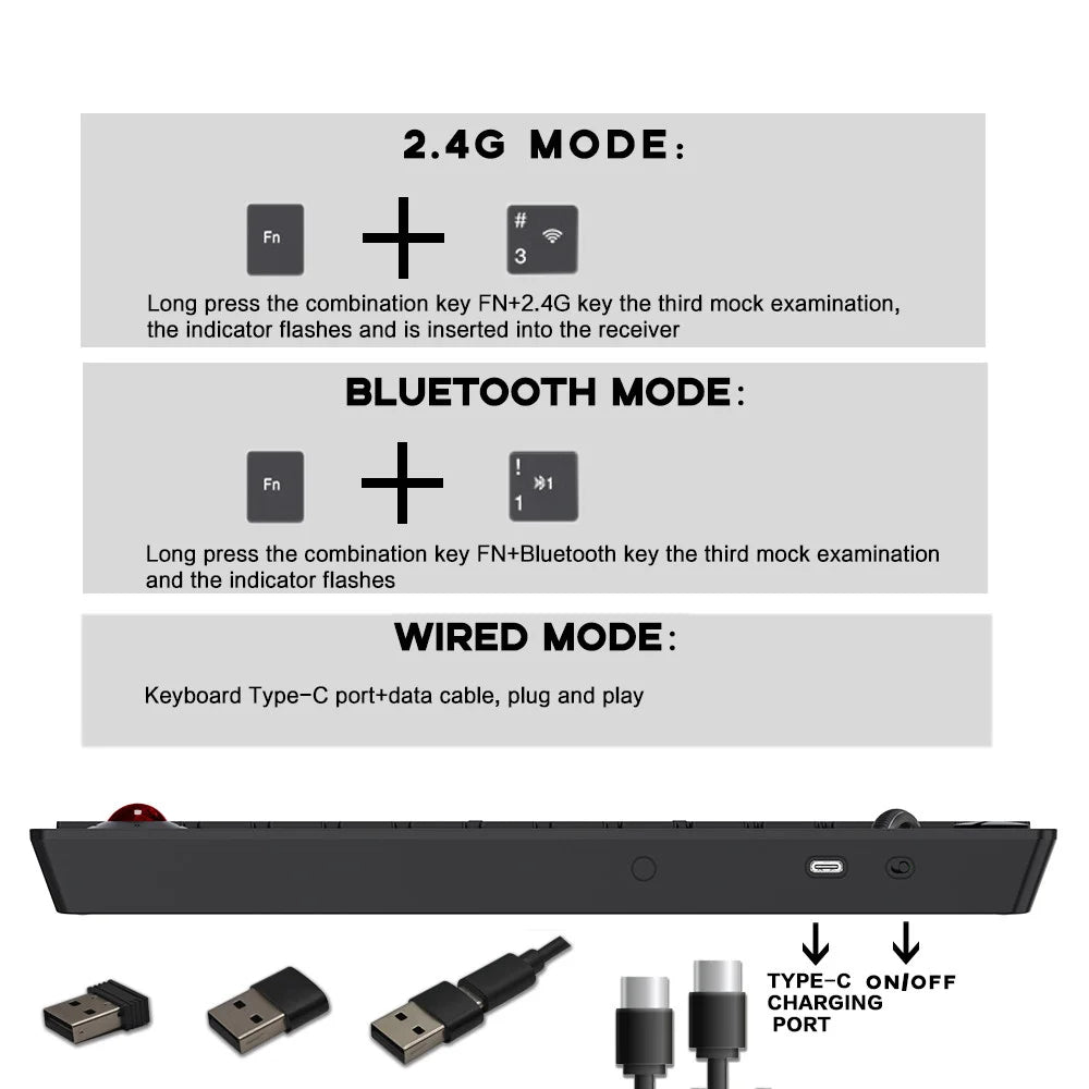 JOMAA Backlit Tri-Mode Wired Keyboard with Trackball  Air Mouse 1600dpi Bluetooth Trackball keyboard for TV iPad Phone Laptop