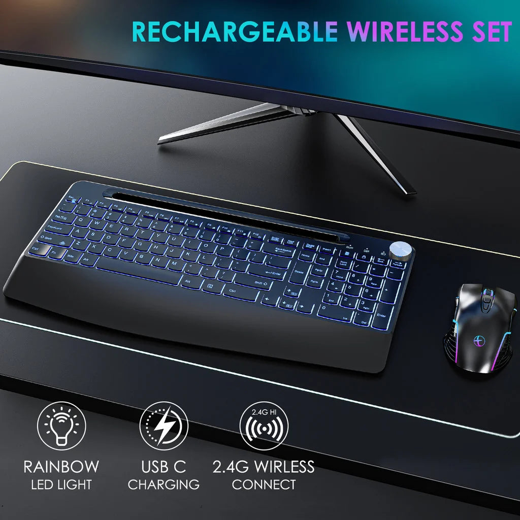 Wireless Keyboard with 7 Colored Backlits, Wrist Rest, Phone Holder, Rechargeable Ergonomic Full Size Keyboard with Silent Keys