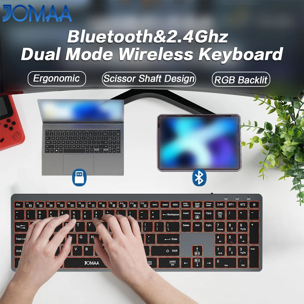 JOMAA Full Size Backlight Wireless Keyboard,2.4G & Dual Bluetooth,Ultra-Thin,Rechargeable Silent Keyboard for PC,Computer Laptop