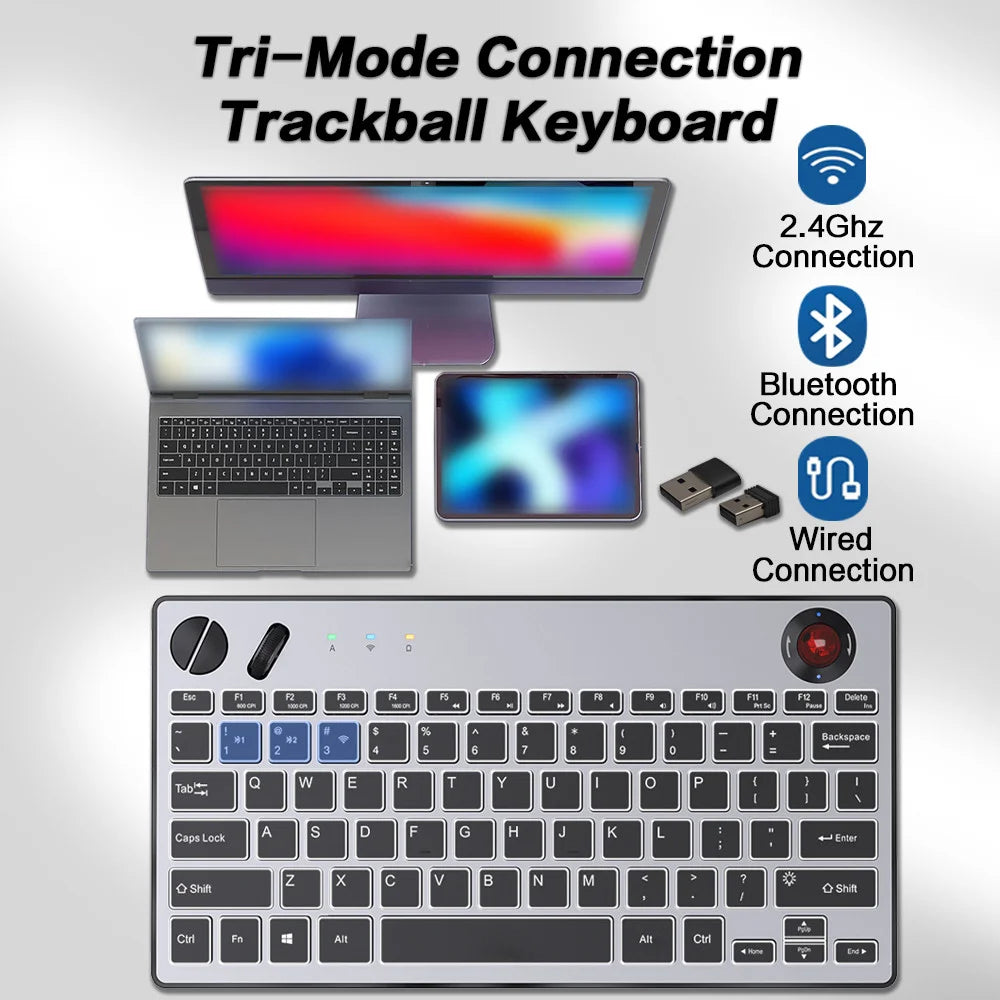 JOMAA Backlit Tri-Mode Wired Keyboard with Trackball  Air Mouse 1600dpi Bluetooth Trackball keyboard for TV iPad Phone Laptop