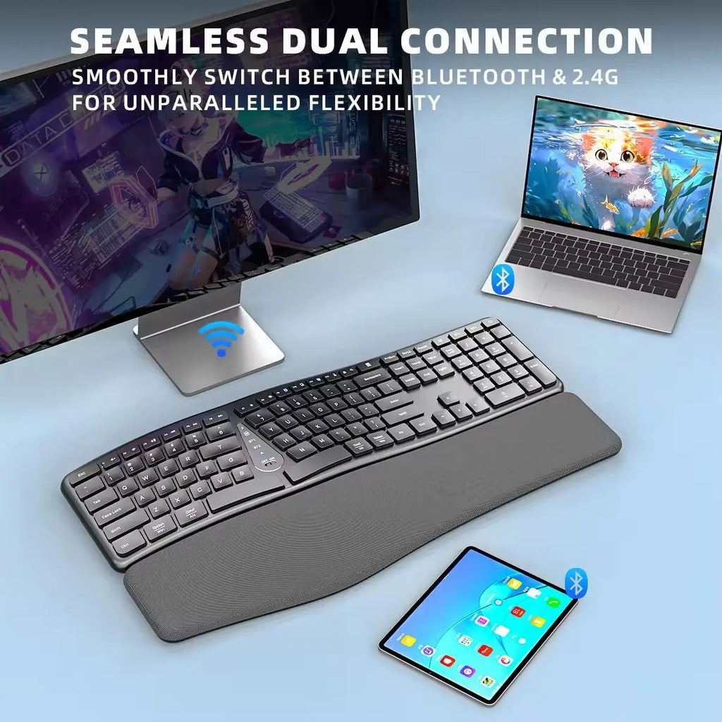 Ergonomic 2.4G Wireless Keyboard Comfortable Natural Typing,Palm Rest,Multi-Device Rechargeable Bluetooth Keyboard for Laptop